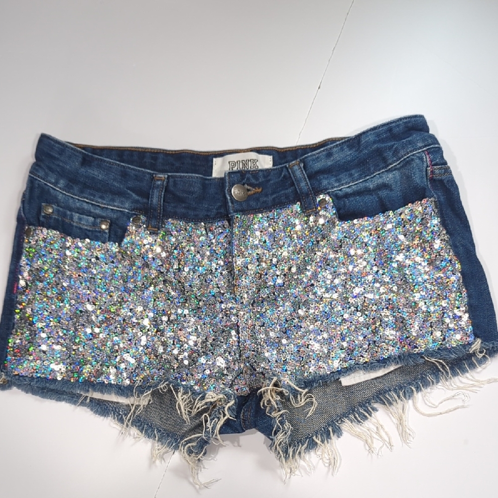 VS Pink Shorts Womens 4 Sequin Front Denim Shorts Lowrise Cut offs y2k